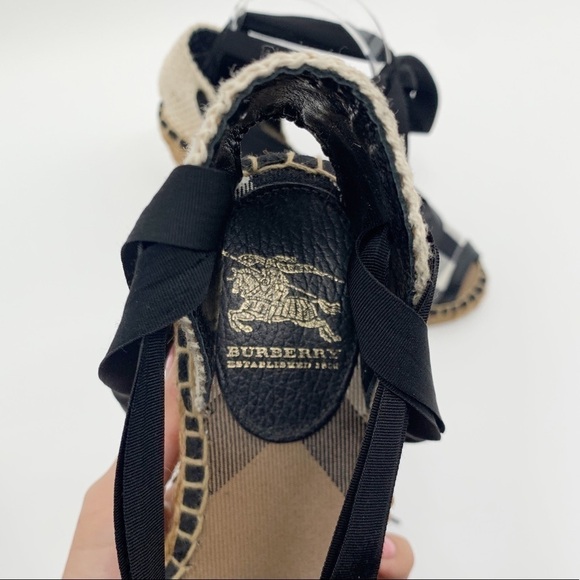 Burberry Espadrille Black Tan Brown Check Logo Tartan Plaid Print Wedge size 40 - Picture 13 of 16